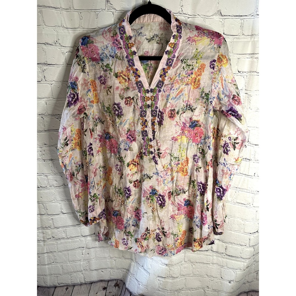 ChenOne Women Floral Embroidered Cotton Silk Tunic Blouse Multi-Color Size S